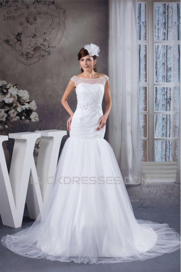 Amazing A-Line Satin Fine Netting Portrait Sleeveless Wedding Dresses 2030568