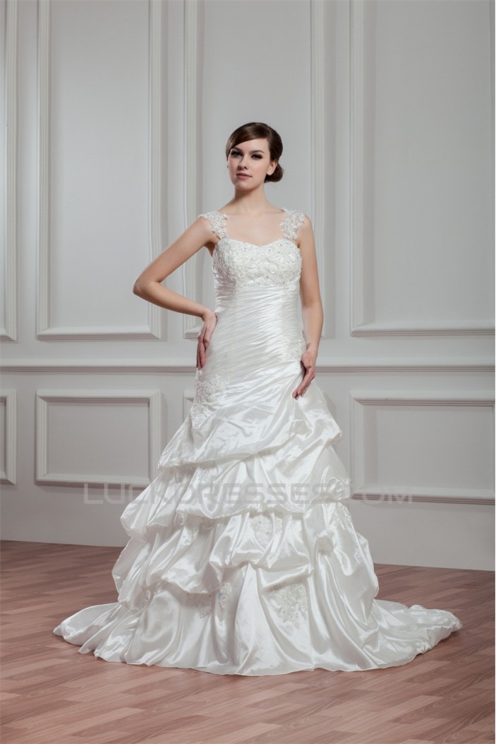 Amazing A-Line Sleeveless Illusion Sleeves Taffeta Lace Wedding Dresses 2030571