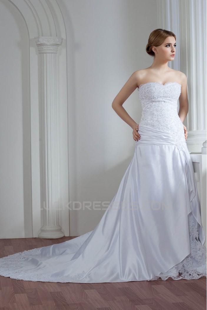 Amazing Sleeveless Satin Lace Sweetheart A-Line Lace Wedding Dresses 2030585