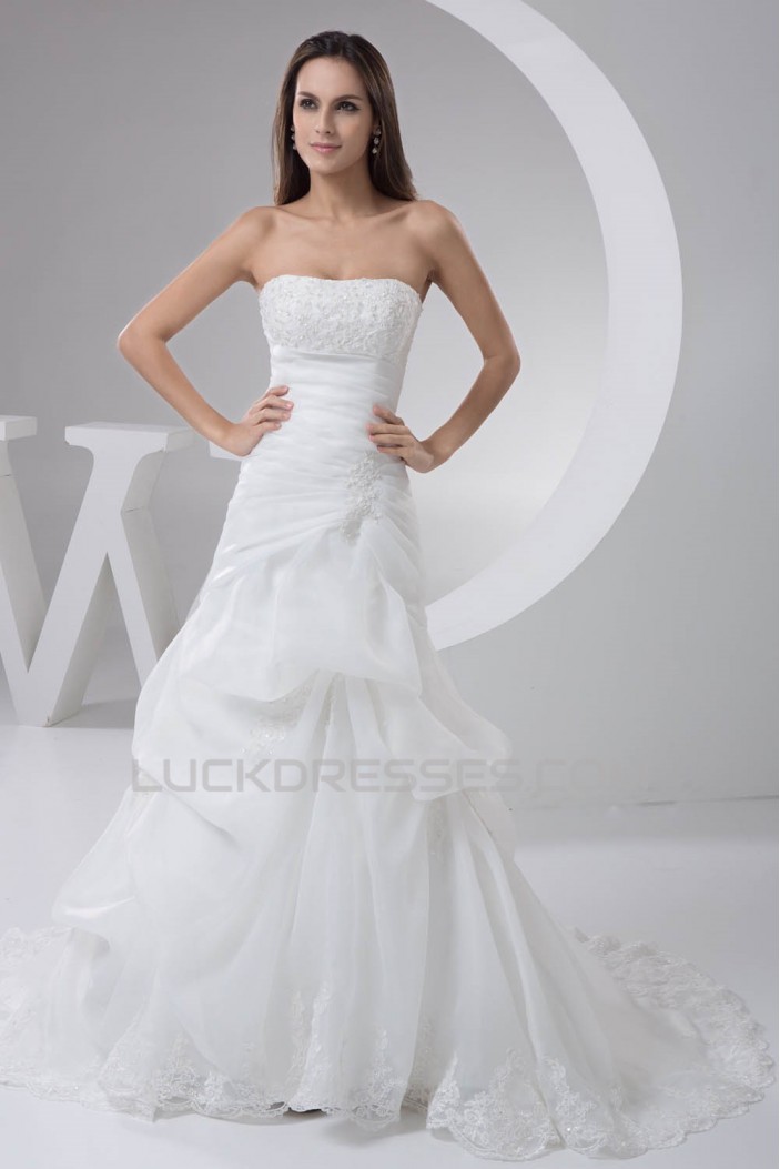 Amazing Strapless A-Line Sleeveless Satin Lace Wedding Dresses 2030589