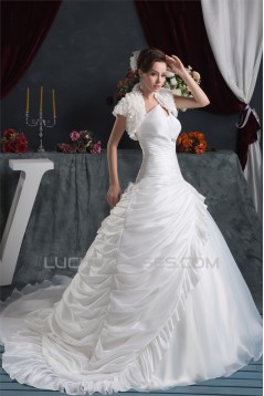 Beautiful A-Line V-Neck Satin Taffeta Short Sleeve Wedding Dresses 2030622