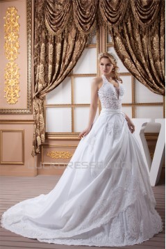 Elegant Satin Taffeta A-Line Halter Lace Sleeveless Wedding Dresses 2030670