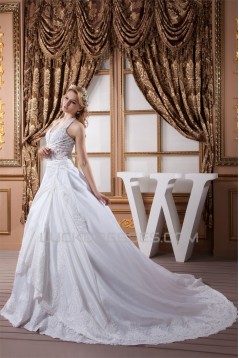 Elegant Satin Taffeta A-Line Halter Lace Sleeveless Wedding Dresses 2030670