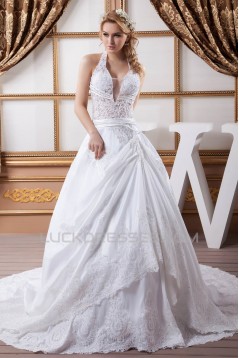 Elegant Satin Taffeta A-Line Halter Lace Sleeveless Wedding Dresses 2030670