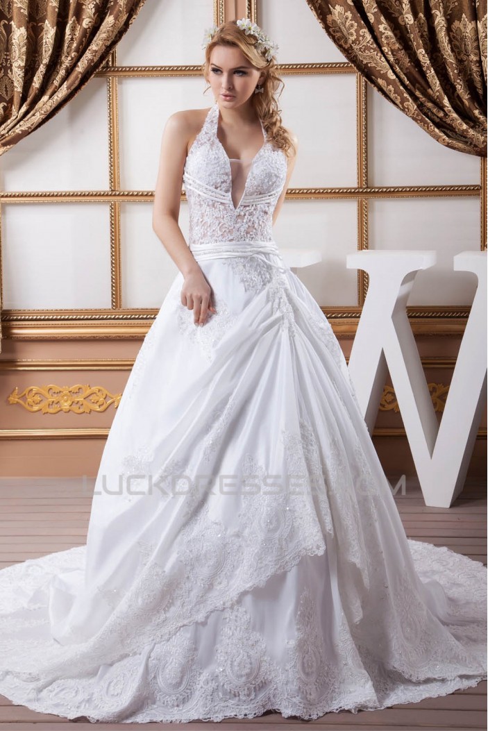 Elegant Satin Taffeta A-Line Halter Lace Sleeveless Wedding Dresses 2030670