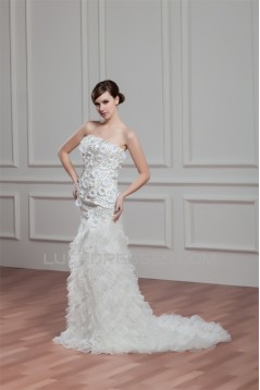 Elegant Sleeveless Mermaid/Trumpet Satin Organza Beaded Wedding Dresses 2030672