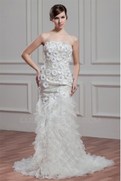 Elegant Sleeveless Mermaid/Trumpet Satin Organza Beaded Wedding Dresses 2030672