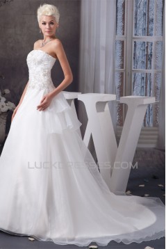 Elegant Strapless A-Line Sleeveless Satin Beaded Lace Wedding Dresses 2030676