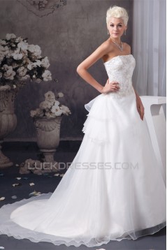 Elegant Strapless A-Line Sleeveless Satin Beaded Lace Wedding Dresses 2030676