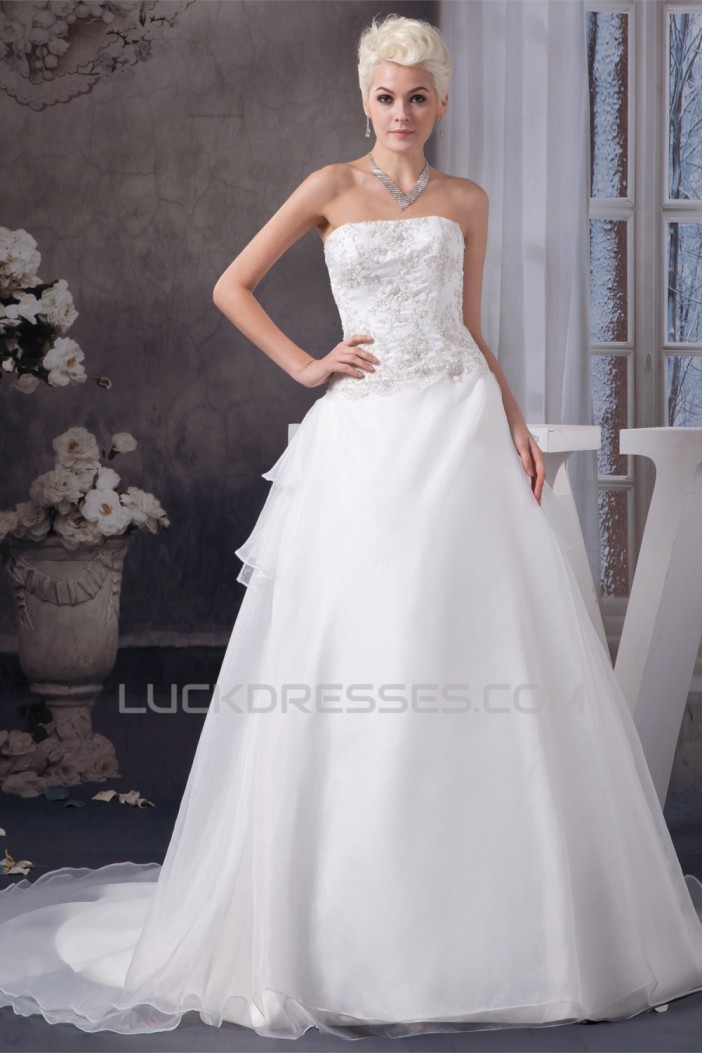 Elegant Strapless A-Line Sleeveless Satin Beaded Lace Wedding Dresses 2030676