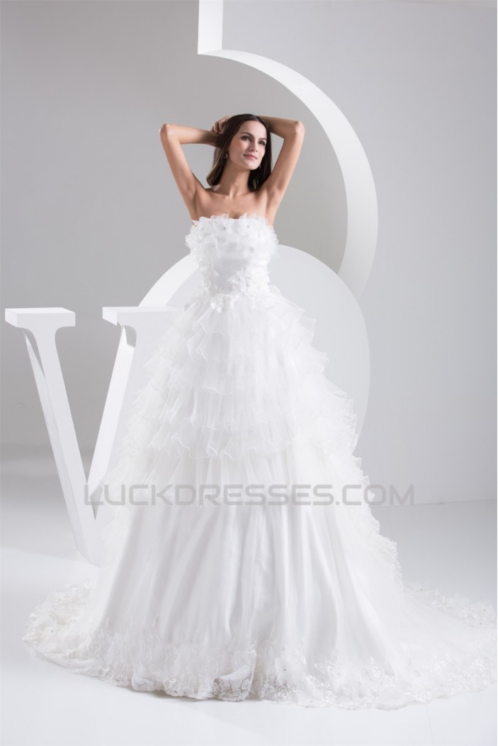 Fantastic Strapless Satin Fine Netting Sleeveless Lace Wedding Dresses 2030694