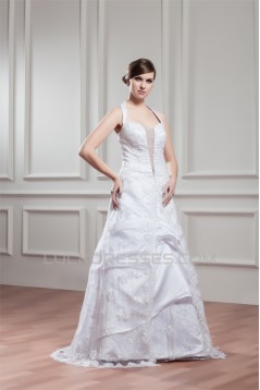 A-Line Satin Organza Sleeveless Halter Beaded Lace Wedding Dresses 2030720