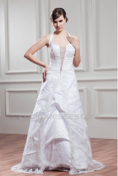 A-Line Satin Organza Sleeveless Halter Beaded Lace Wedding Dresses 2030720