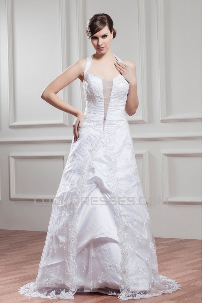 A-Line Satin Organza Sleeveless Halter Beaded Lace Wedding Dresses 2030720