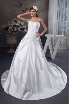 A-Line Soft Sleeveless Satin Strapless Chapel Train Wedding Dresses 2030730