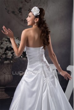 A-Line Soft Sleeveless Satin Strapless Chapel Train Wedding Dresses 2030730