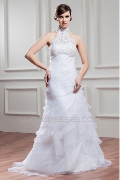 High-Neck A-Line Satin Organza Sleeveless Wedding Dresses 2030739