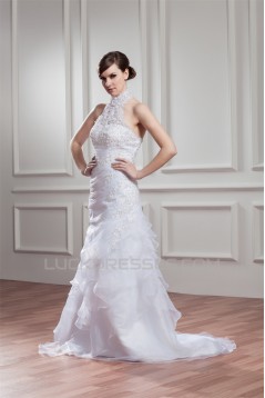 High-Neck A-Line Satin Organza Sleeveless Wedding Dresses 2030739