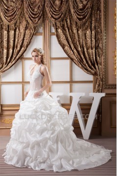 Ball Gown Halter Sleeveless Satin Tulle Lace Wedding Dresses 2030741