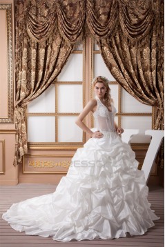 Ball Gown Halter Sleeveless Satin Tulle Lace Wedding Dresses 2030741