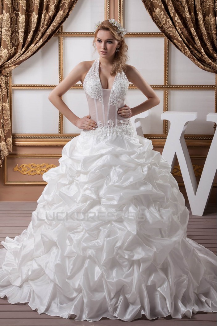 Ball Gown Halter Sleeveless Satin Tulle Lace Wedding Dresses 2030741