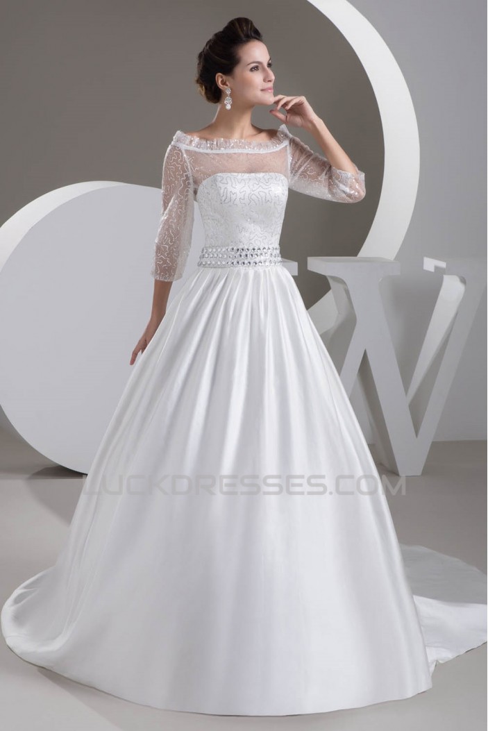 A-Line Beaded 3/4 Length Sleeve Wedding Dresses 2030742