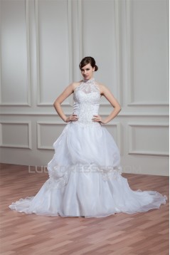 A-Line Halter Sleeveless Satin Organza Lace High Neck Wedding Dresses 2030756