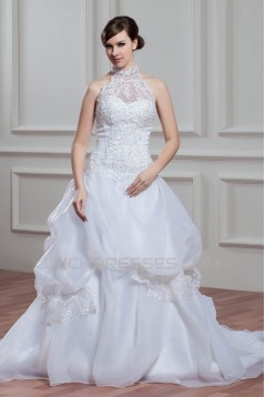 A-Line Halter Sleeveless Satin Organza Lace High Neck Wedding Dresses 2030756