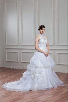 A-Line Halter Sleeveless Satin Organza Lace High Neck Wedding Dresses 2030756