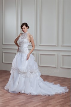 A-Line Halter Sleeveless Satin Organza Lace High Neck Wedding Dresses 2030756