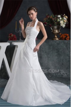 Latest Design Satin Taffeta A-Line Sleeveless Halter Sweet Wedding Dresses 2030760