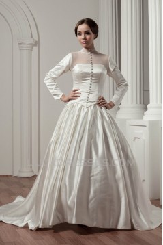 Long Sleeve Satin Fine Netting A-Line Portrait High Neck Wedding Dresses 2030766