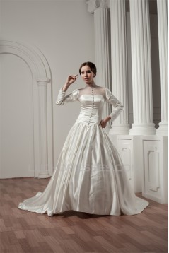 Long Sleeve Satin Fine Netting A-Line Portrait High Neck Wedding Dresses 2030766