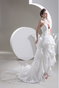 Mermaid/Trumpet High-Neck Sleeveless Satin Taffeta Lace Little White Dresses 2030770