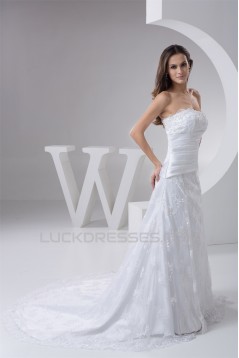 Elegant A-Line Satin Lace Strapless Wedding Dresses 2030795