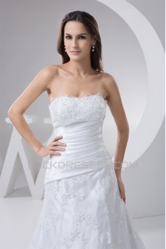 Elegant A-Line Satin Lace Strapless Wedding Dresses 2030795