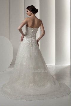 New Design Strapless Satin A-Line Sleeveless Sweet Lace Wedding Dresses 2030798