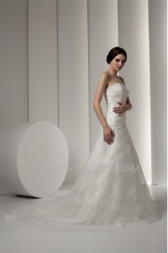 New Design Strapless Satin A-Line Sleeveless Sweet Lace Wedding Dresses 2030798