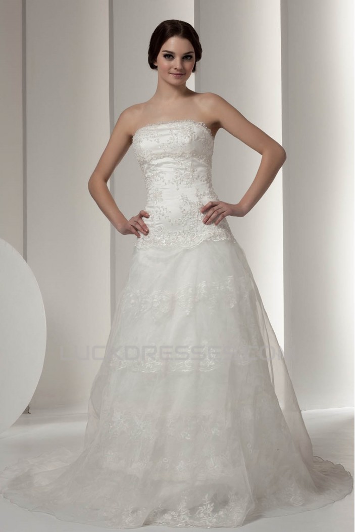 New Design Strapless Satin A-Line Sleeveless Sweet Lace Wedding Dresses 2030798