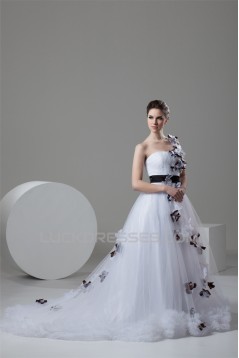 One-Shoulder A-Line Sleeveless Satin Fine Netting Sweet Wedding Dresses 2030811