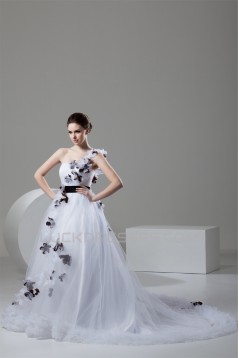 One-Shoulder A-Line Sleeveless Satin Fine Netting Sweet Wedding Dresses 2030811