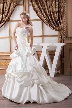 One-Shoulder A-Line Sleeveless Satin Lace Wedding Dresses 2030812