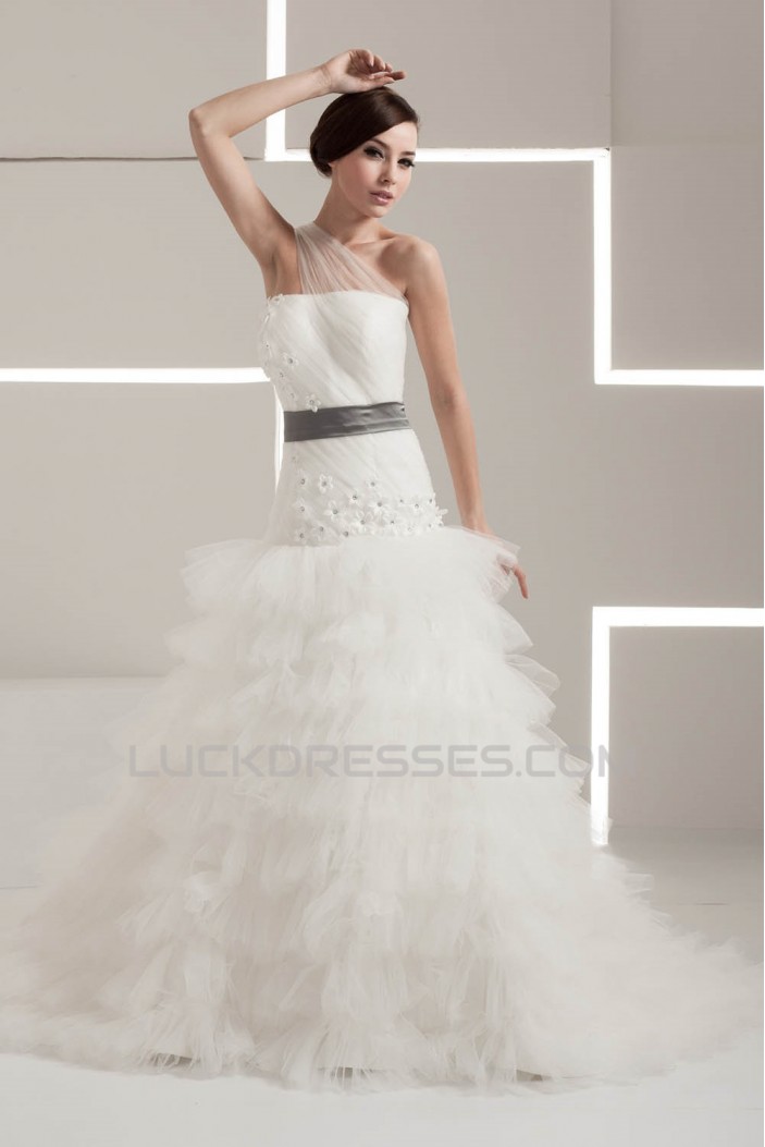 One-Shoulder A-Line Sleeveless Satin Taffeta Fine Netting Wedding Dresses 2030813