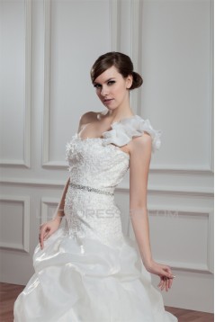 A-Line Satin Organza One-Shoulder Sleeveless Beaded Wedding Dresses 2030815