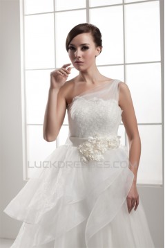 One-Shoulder Sleeveless Satin A-Line Lace Wedding Dresses 2030817