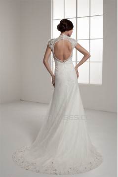 Portrait Sleeveless A-Line Lace Silk like Satin Fine Netting New Arrival Wedding Dresses 2030823