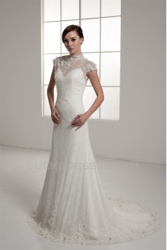 Portrait Sleeveless A-Line Lace Silk like Satin Fine Netting New Arrival Wedding Dresses 2030823