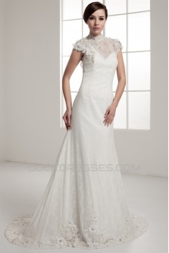 Portrait Sleeveless A-Line Lace Silk like Satin Fine Netting New Arrival Wedding Dresses 2030823