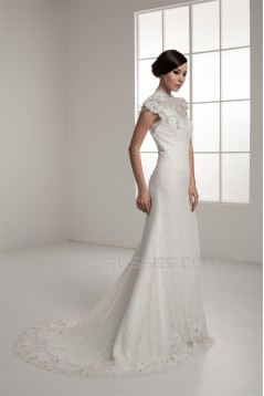 Portrait Sleeveless A-Line Lace Silk like Satin Fine Netting New Arrival Wedding Dresses 2030823