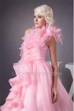 Satin Fine Netting One-Shoulder A-Line Sleeveless Pink Wedding Dresses 2030840